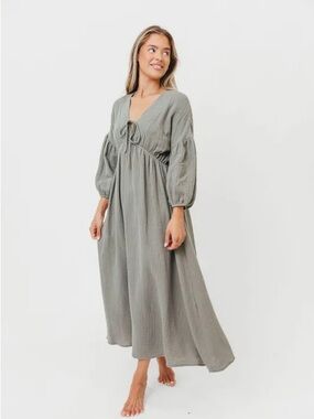 Cotton Sage Green Maxi Dress with Tie Front Size S